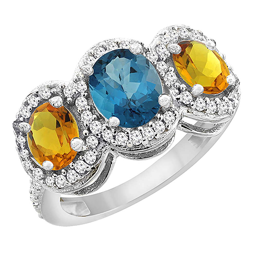 10K White Gold Natural London Blue Topaz &amp; Citrine 3-Stone Ring Oval Diamond Accent, sizes 5 - 10