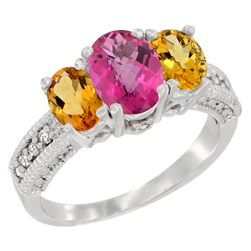 14K White Gold Diamond Natural Pink Topaz Ring Oval 3-stone with Citrine, sizes 5 - 10