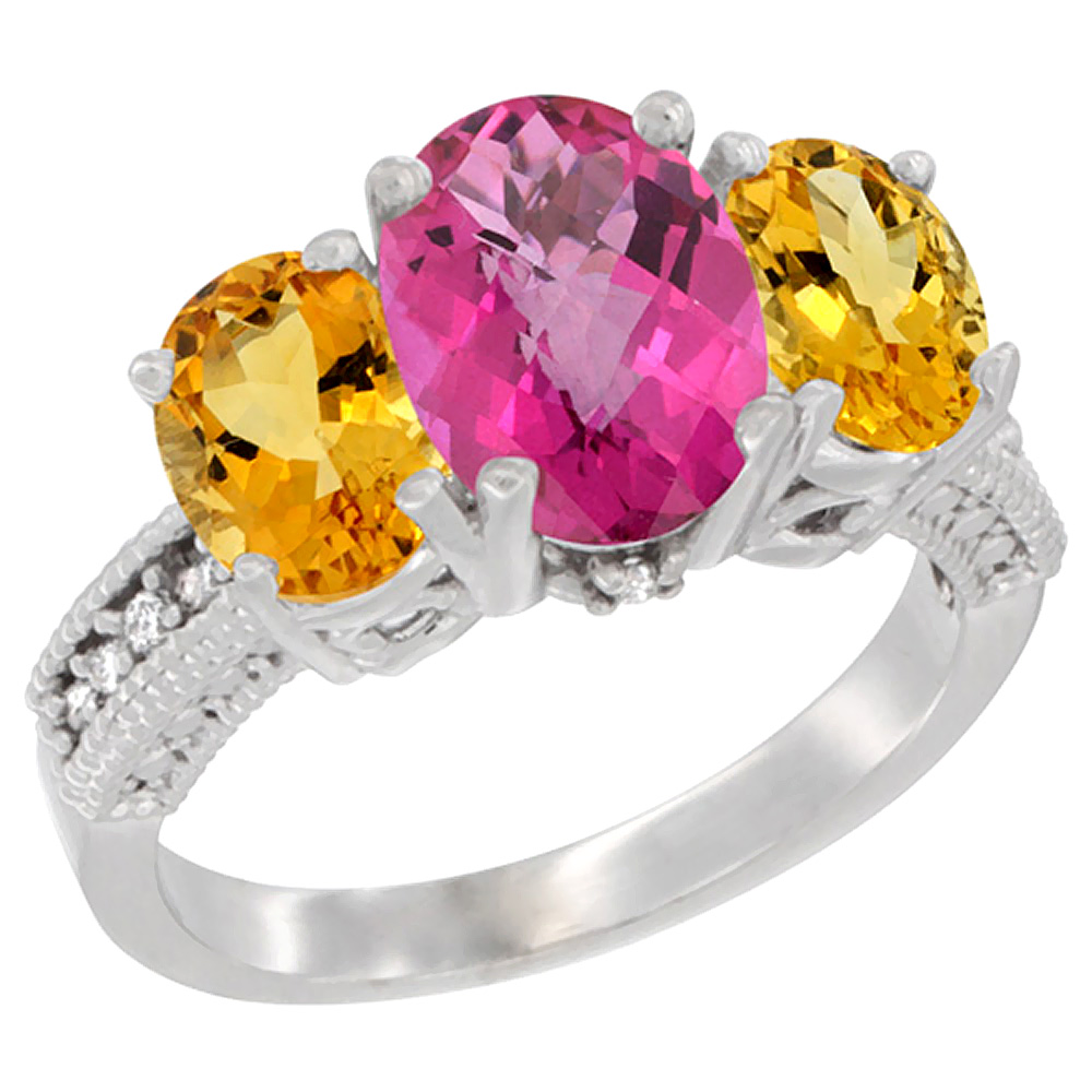 14K White Gold Diamond Natural Pink Topaz Ring 3-Stone Oval 8x6mm with Citrine, sizes5-10