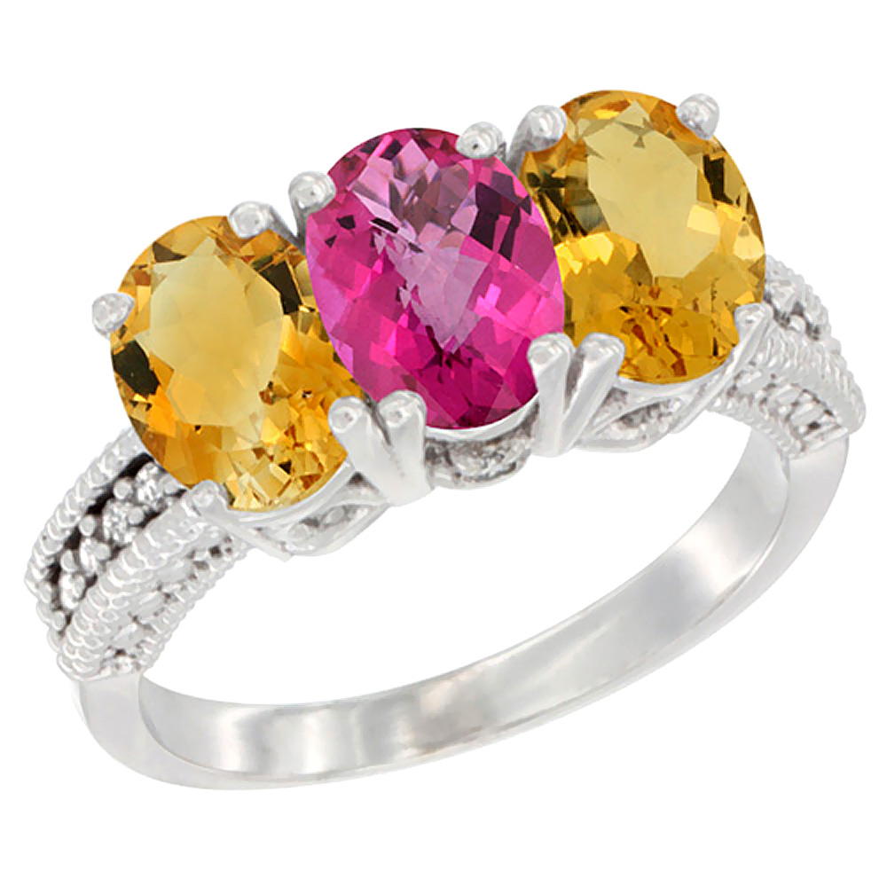10K White Gold Natural Pink Topaz &amp; Citrine Sides Ring 3-Stone Oval 7x5 mm Diamond Accent, sizes 5 - 10