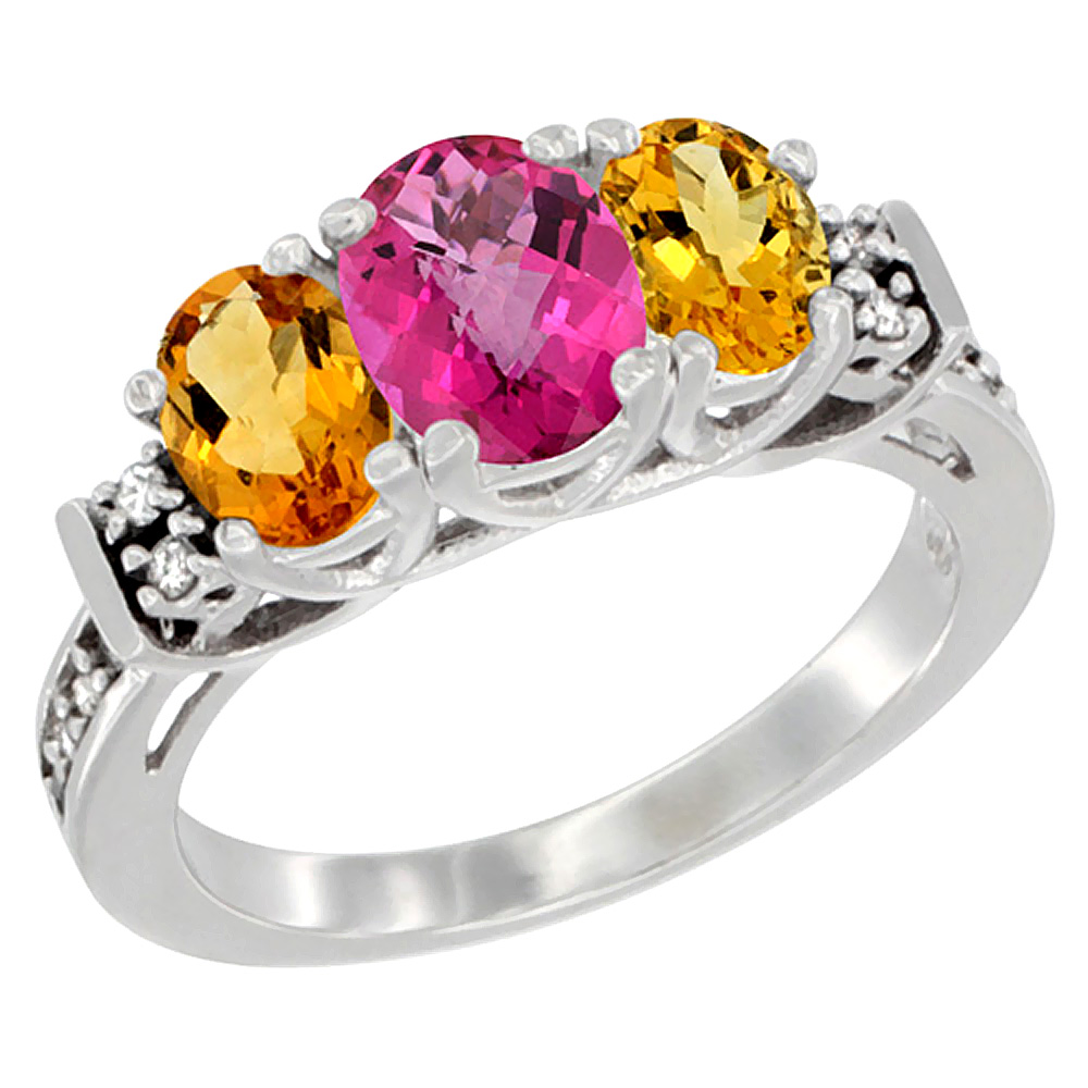 14K White Gold Natural Pink Topaz &amp; Citrine Ring 3-Stone Oval Diamond Accent, sizes 5-10
