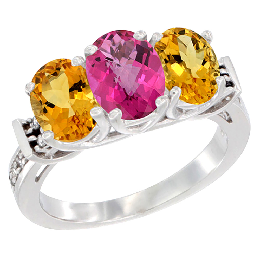 14K White Gold Natural Pink Topaz &amp; Citrine Sides Ring 3-Stone Oval Diamond Accent, sizes 5 - 10