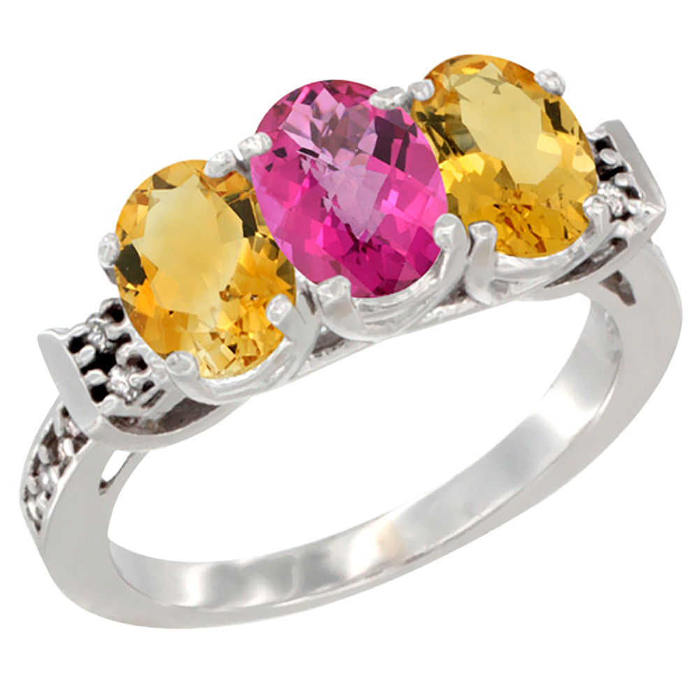 14K White Gold Natural Pink Topaz & Citrine Sides Ring 3-Stone 7x5 mm Oval Diamond Accent, sizes 5 - 10