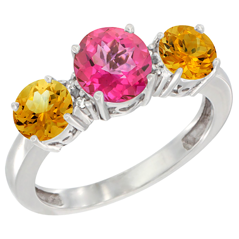 10K White Gold Round 3-Stone Natural Pink Topaz Ring &amp; Citrine Sides Diamond Accent, sizes 5 - 10