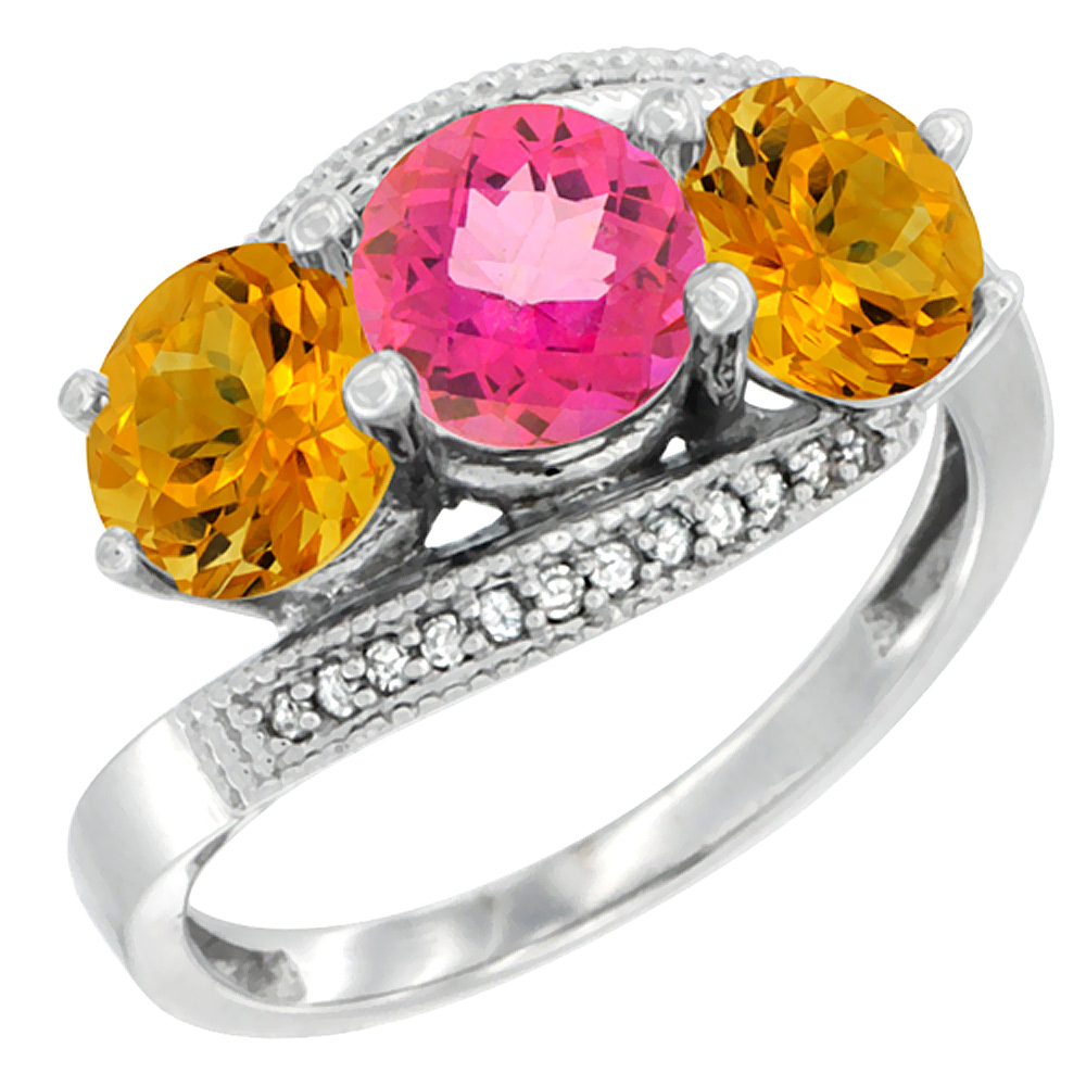 10K White Gold Natural Pink Topaz &amp; Citrine Sides 3 stone Ring Round 6mm Diamond Accent, sizes 5 - 10