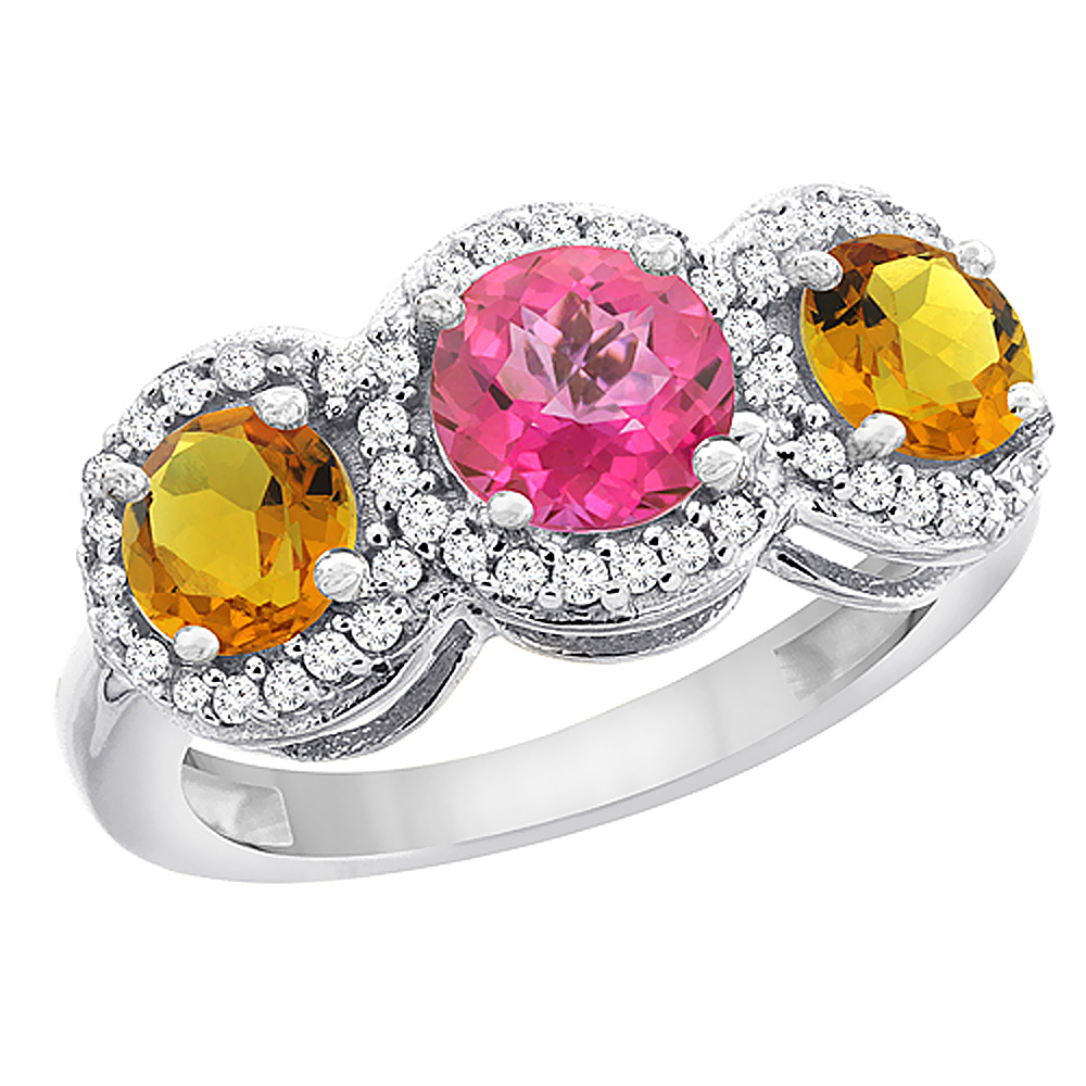 14K White Gold Natural Pink Topaz & Citrine Sides Round 3-stone Ring Diamond Accents, sizes 5 - 10