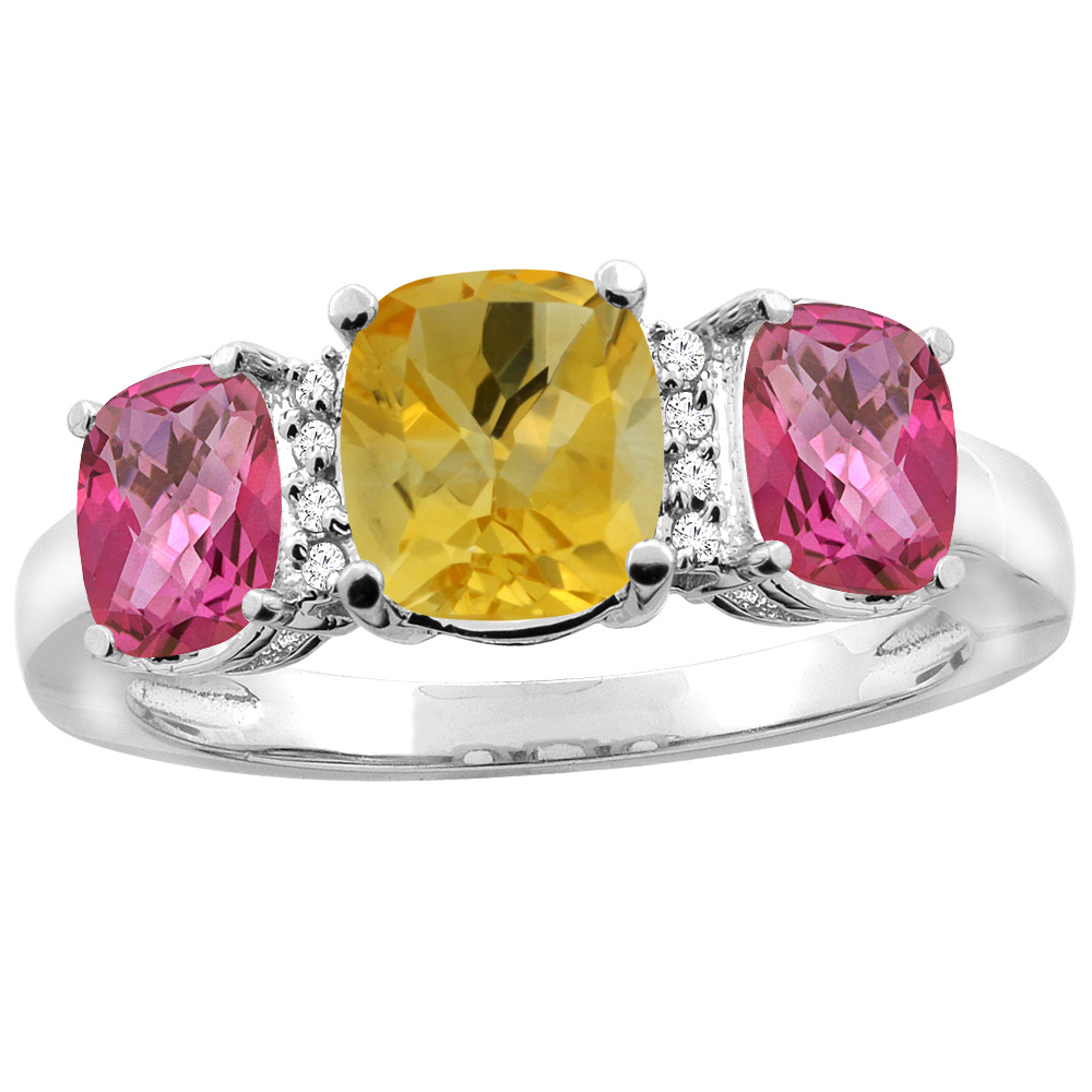 14K Yellow Gold Natural Citrine &amp; Pink Topaz 3-stone Ring Cushion 8x6mm Diamond Accent, sizes 5 - 10