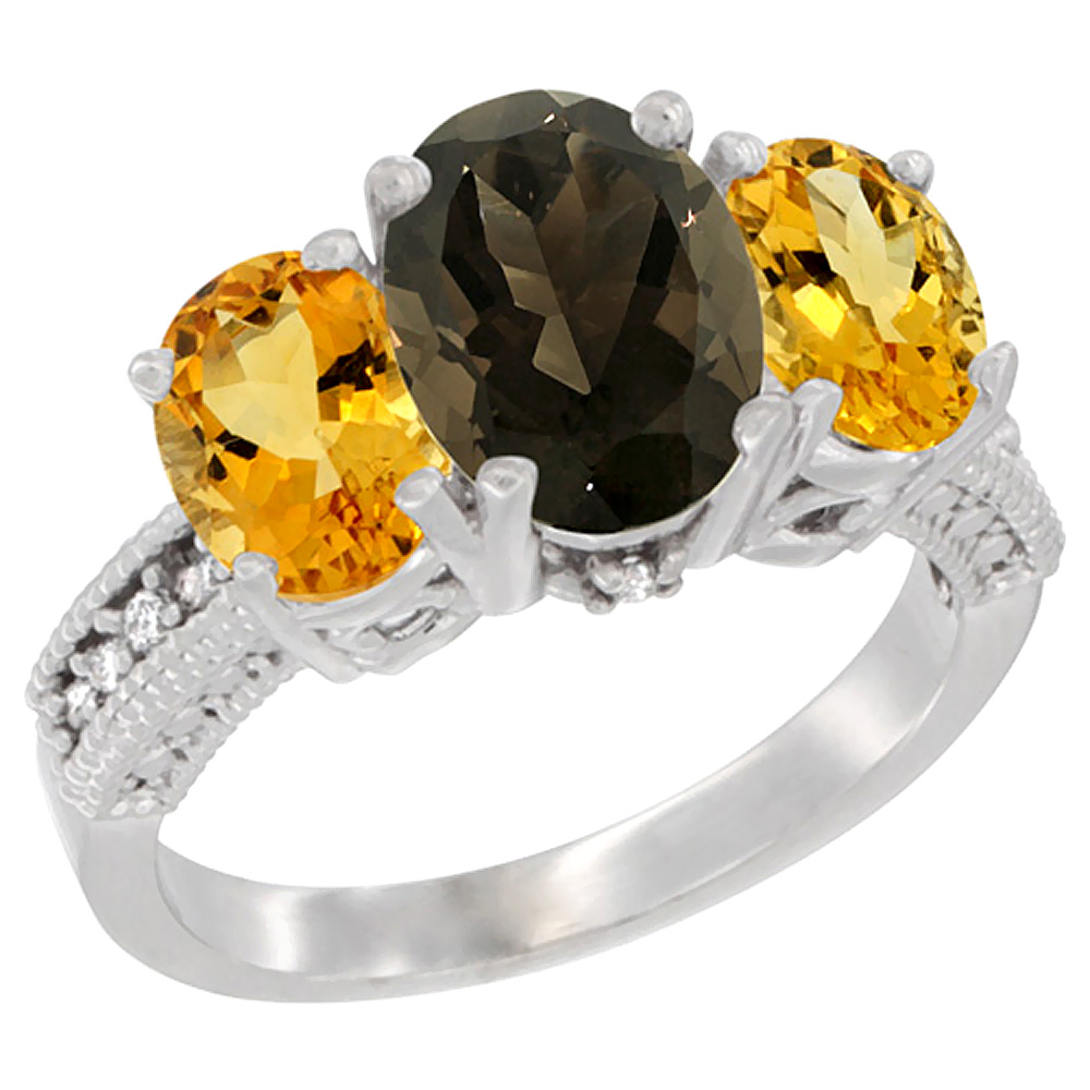 14K White Gold Diamond Natural Smoky Topaz Ring 3-Stone Oval 8x6mm with Citrine, sizes5-10