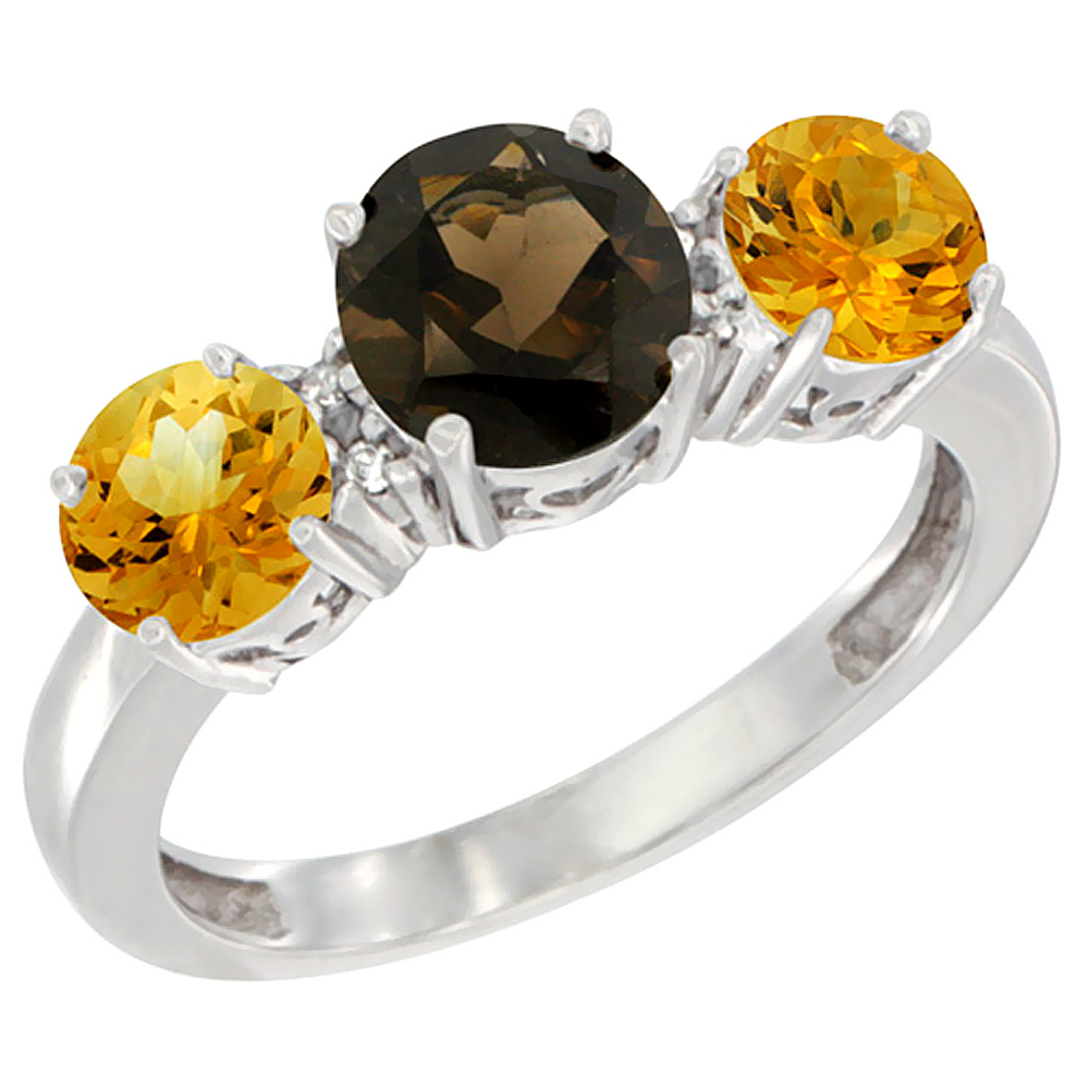 10K White Gold Round 3-Stone Natural Smoky Topaz Ring & Citrine Sides Diamond Accent, sizes 5 - 10