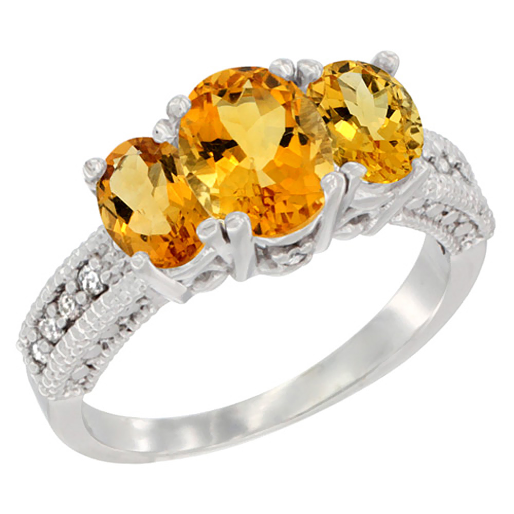 10K White Gold Diamond Natural Citrine Ring Oval 3-stone, sizes 5 - 10