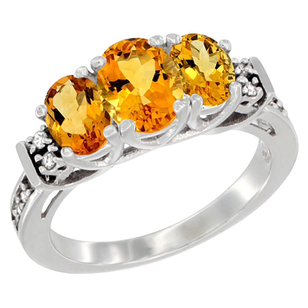 14K White Gold Natural Citrine Ring 3-Stone Oval Diamond Accent, sizes 5-10