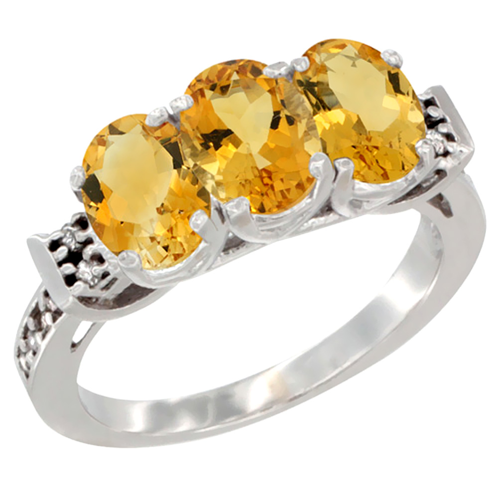 14K White Gold Natural Citrine Ring 3-Stone 7x5 mm Oval Diamond Accent, sizes 5 - 10