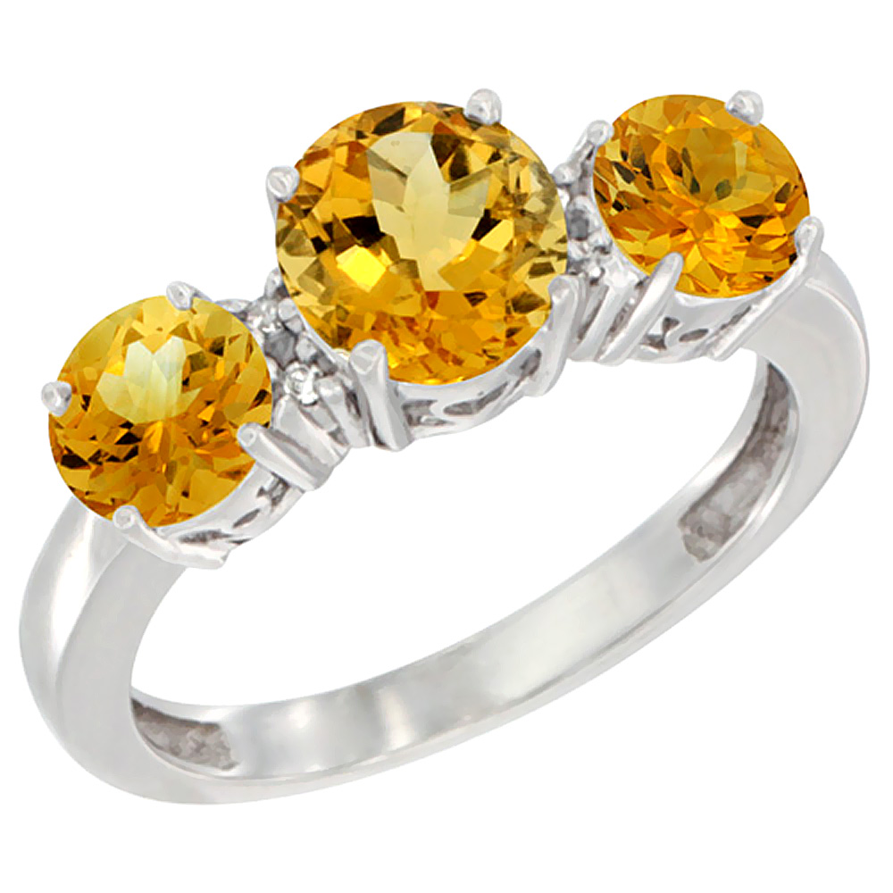 14K White Gold Round 3-Stone Natural Citrine Ring Diamond Accent, sizes 5 - 10