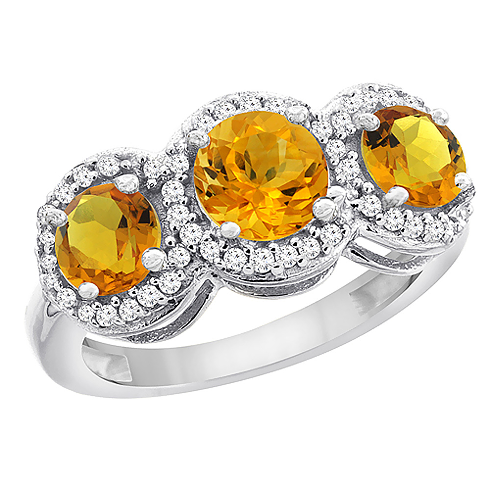 14K White Gold Natural Citrine Round 3-stone Ring Diamond Accents, sizes 5 - 10