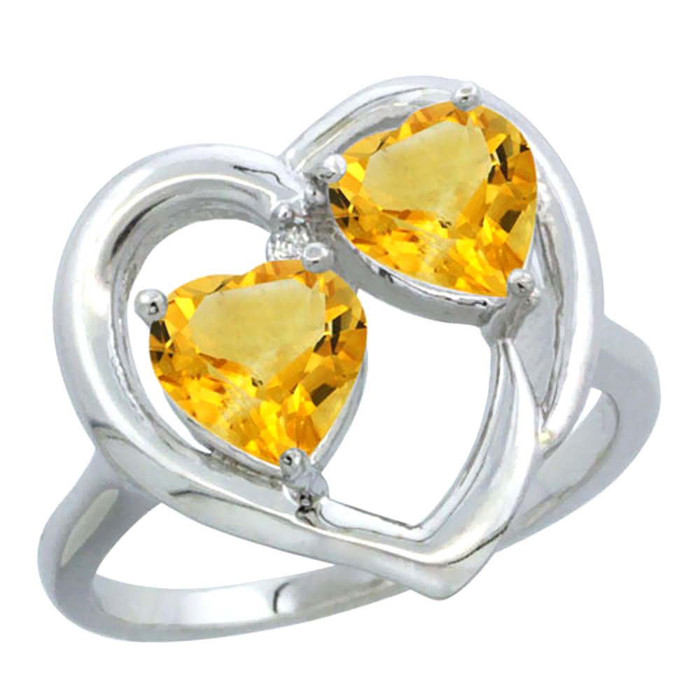 10K White Gold Diamond Two-stone Heart Ring 6mm Natural Citrine, sizes 5-10