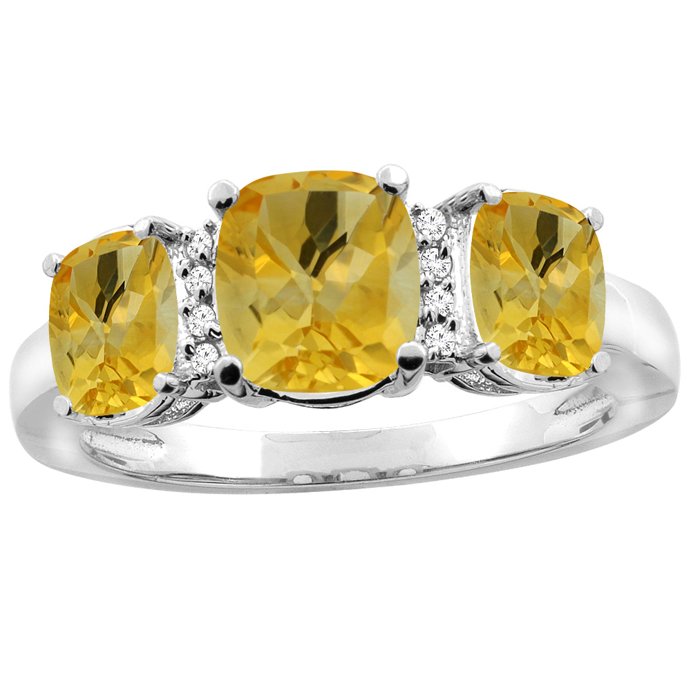 10K Yellow Gold Natural Citrine 3-stone Ring Cushion 8x6mm Diamond Accent, sizes 5 - 10