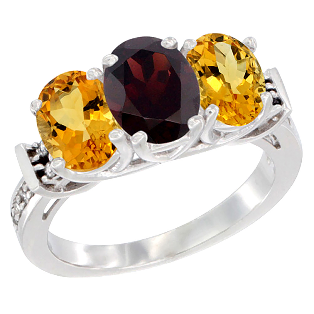 14K White Gold Natural Garnet &amp; Citrine Sides Ring 3-Stone Oval Diamond Accent, sizes 5 - 10