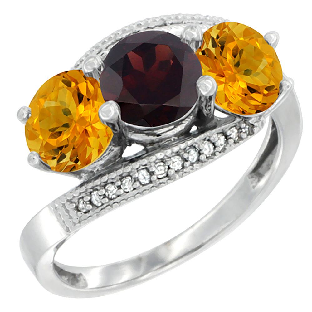 10K White Gold Natural Garnet &amp; Citrine Sides 3 stone Ring Round 6mm Diamond Accent, sizes 5 - 10
