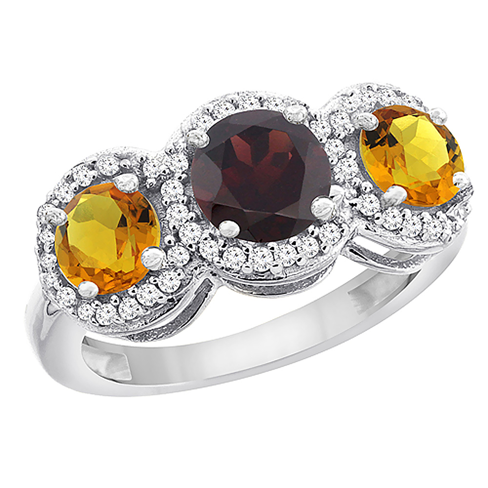 10K White Gold Natural Garnet &amp; Citrine Sides Round 3-stone Ring Diamond Accents, sizes 5 - 10