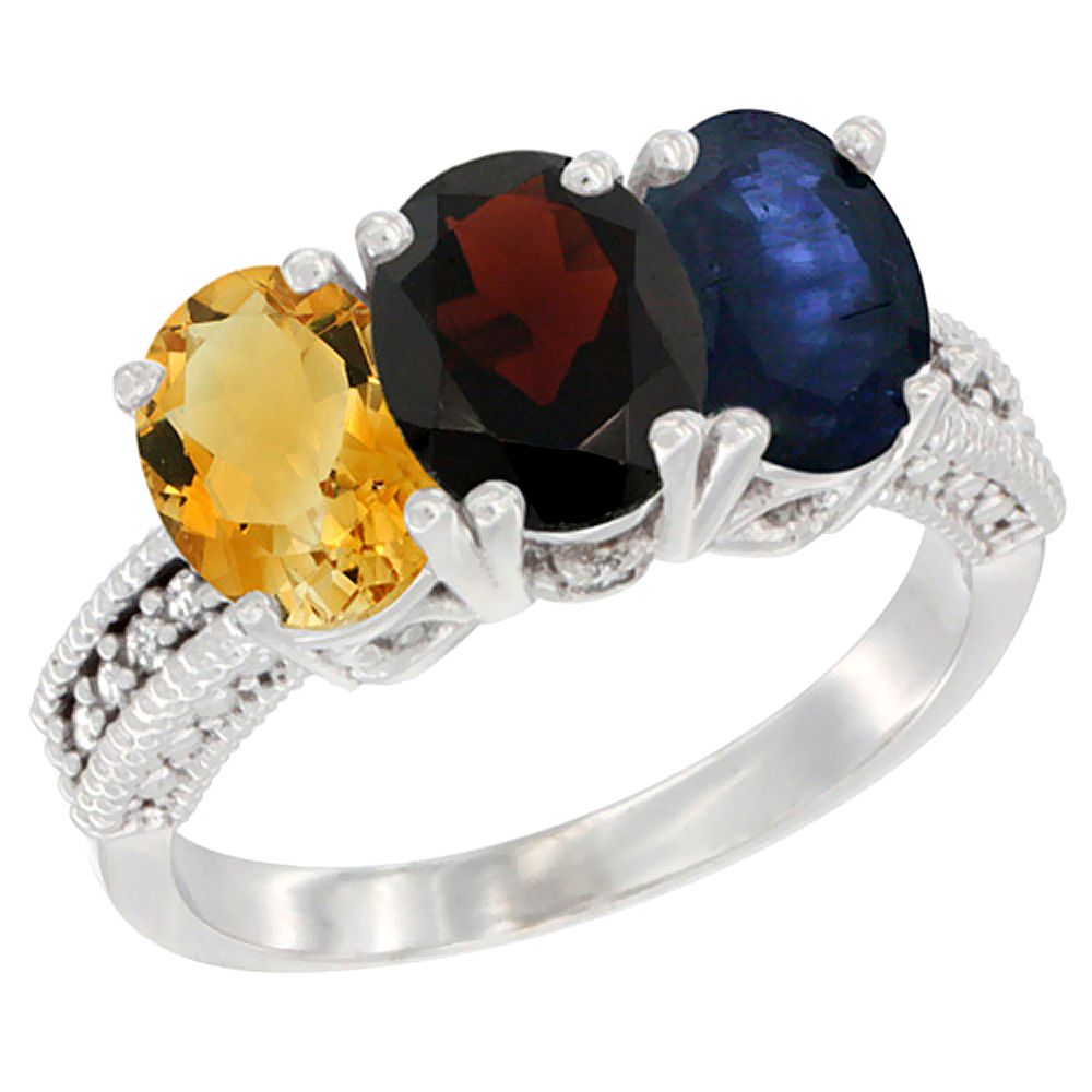 14K White Gold Natural Citrine, Garnet & Blue Sapphire Ring 3-Stone 7x5 mm Oval Diamond Accent, sizes 5 - 10