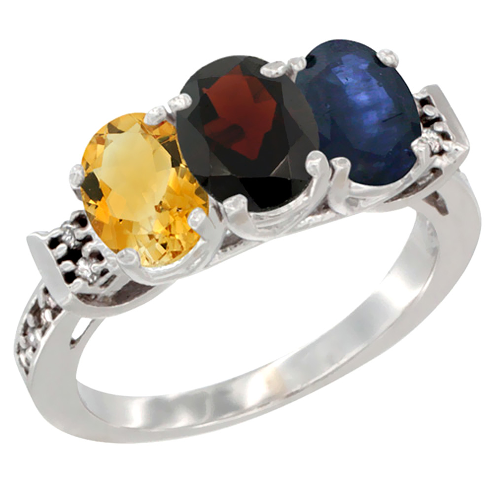 14K White Gold Natural Citrine, Garnet & Blue Sapphire Ring 3-Stone 7x5 mm Oval Diamond Accent, sizes 5 - 10