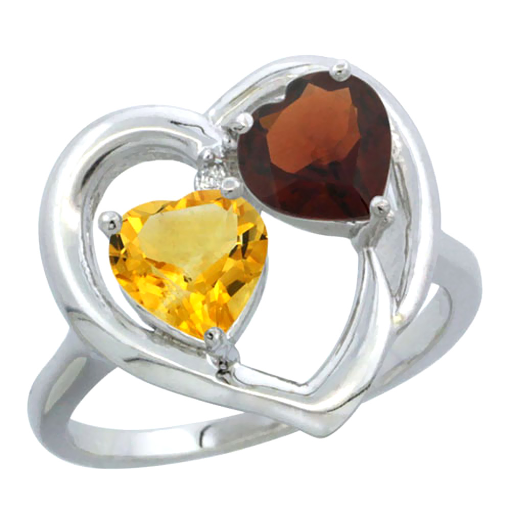 10K White Gold Diamond Two-stone Heart Ring 6mm Natural Citrine &amp; Garnet, sizes 5-10