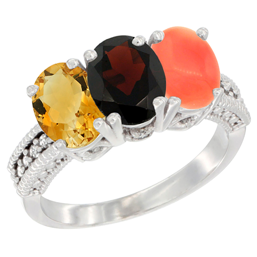 14K White Gold Natural Citrine, Garnet & Coral Ring 3-Stone 7x5 mm Oval Diamond Accent, sizes 5 - 10