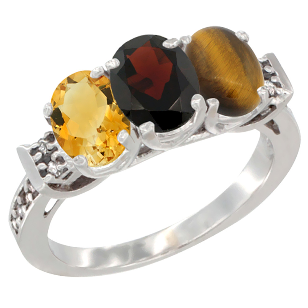 10K White Gold Natural Citrine, Garnet & Coral Ring 3-Stone Oval 7x5 mm Diamond Accent, sizes 5 - 10
