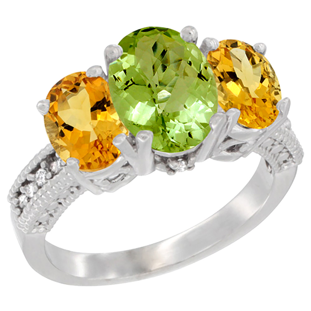 10K White Gold Diamond Natural Peridot Ring 3-Stone Oval 8x6mm with Citrine, sizes5-10