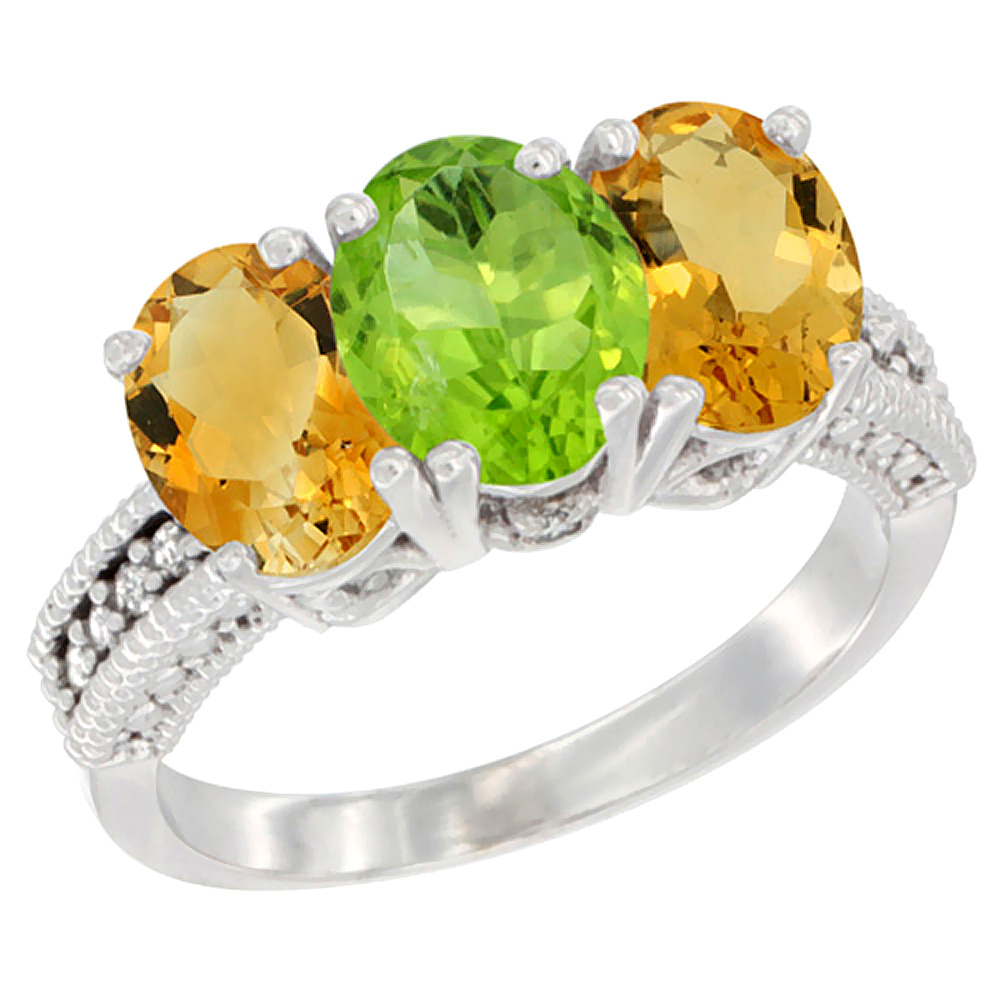 14K White Gold Natural Peridot &amp; Citrine Sides Ring 3-Stone 7x5 mm Oval Diamond Accent, sizes 5 - 10