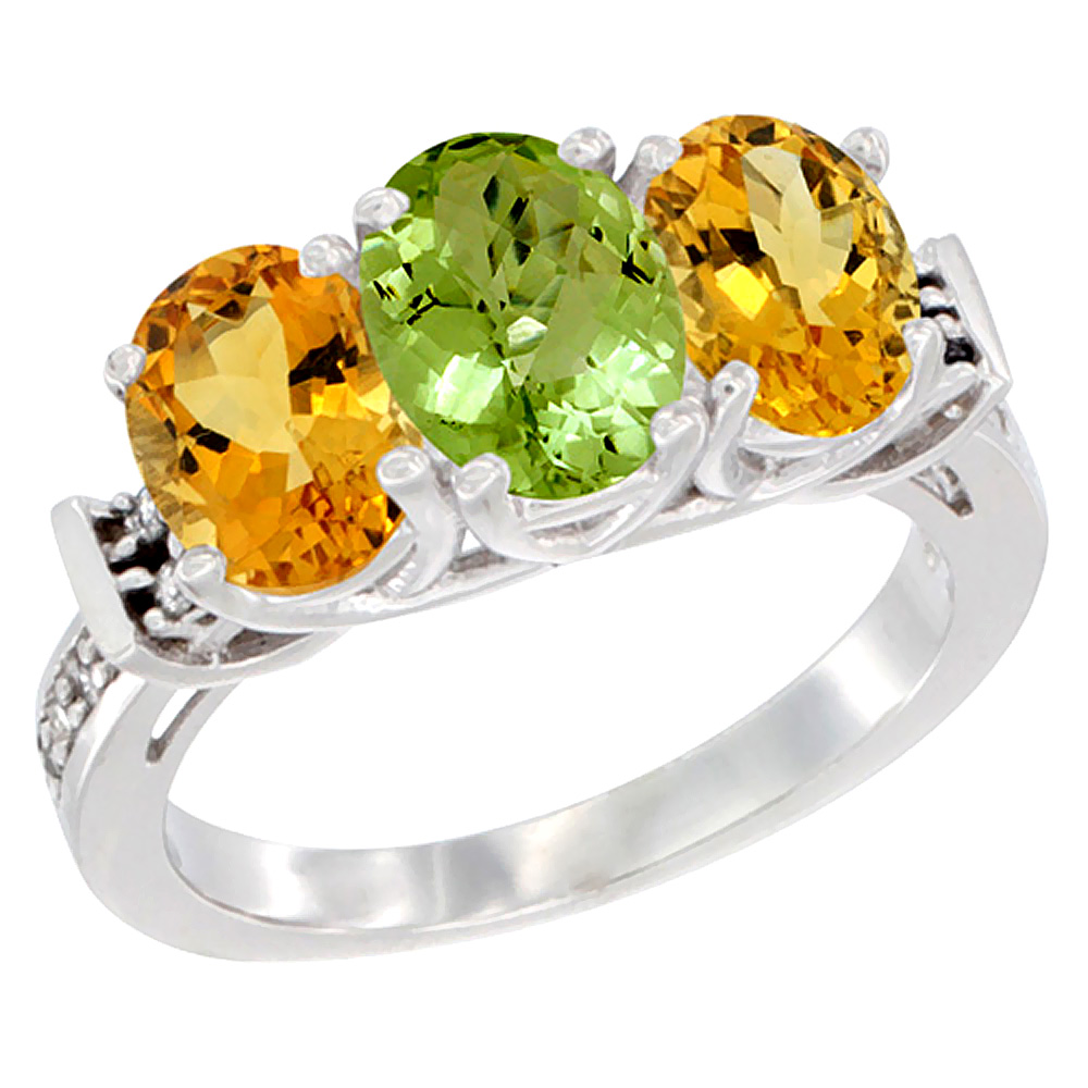 14K White Gold Natural Peridot &amp; Citrine Sides Ring 3-Stone Oval Diamond Accent, sizes 5 - 10