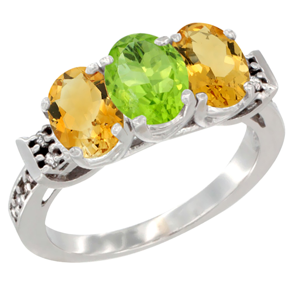 10K White Gold Natural Peridot &amp; Citrine Sides Ring 3-Stone Oval 7x5 mm Diamond Accent, sizes 5 - 10