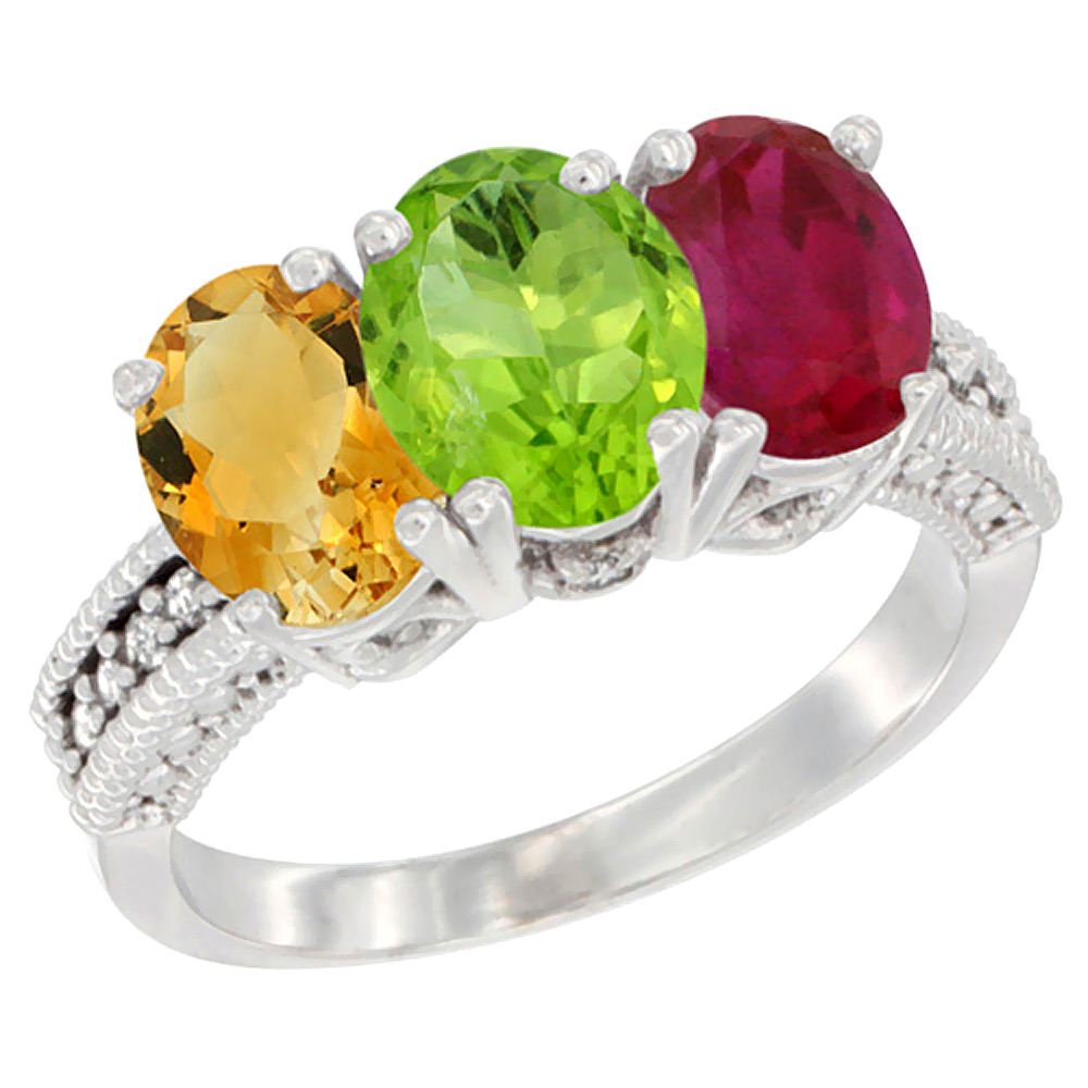 10K White Gold Natural Citrine, Peridot &amp; Enhanced Ruby Ring 3-Stone Oval 7x5 mm Diamond Accent, sizes 5 - 10