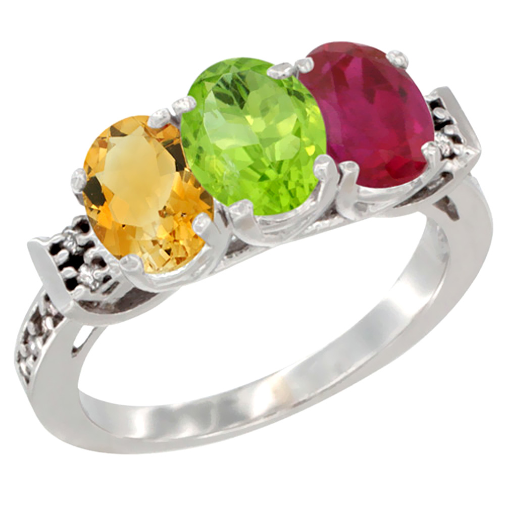 14K White Gold Natural Citrine, Peridot &amp; Enhanced Ruby Ring 3-Stone 7x5 mm Oval Diamond Accent, sizes 5 - 10