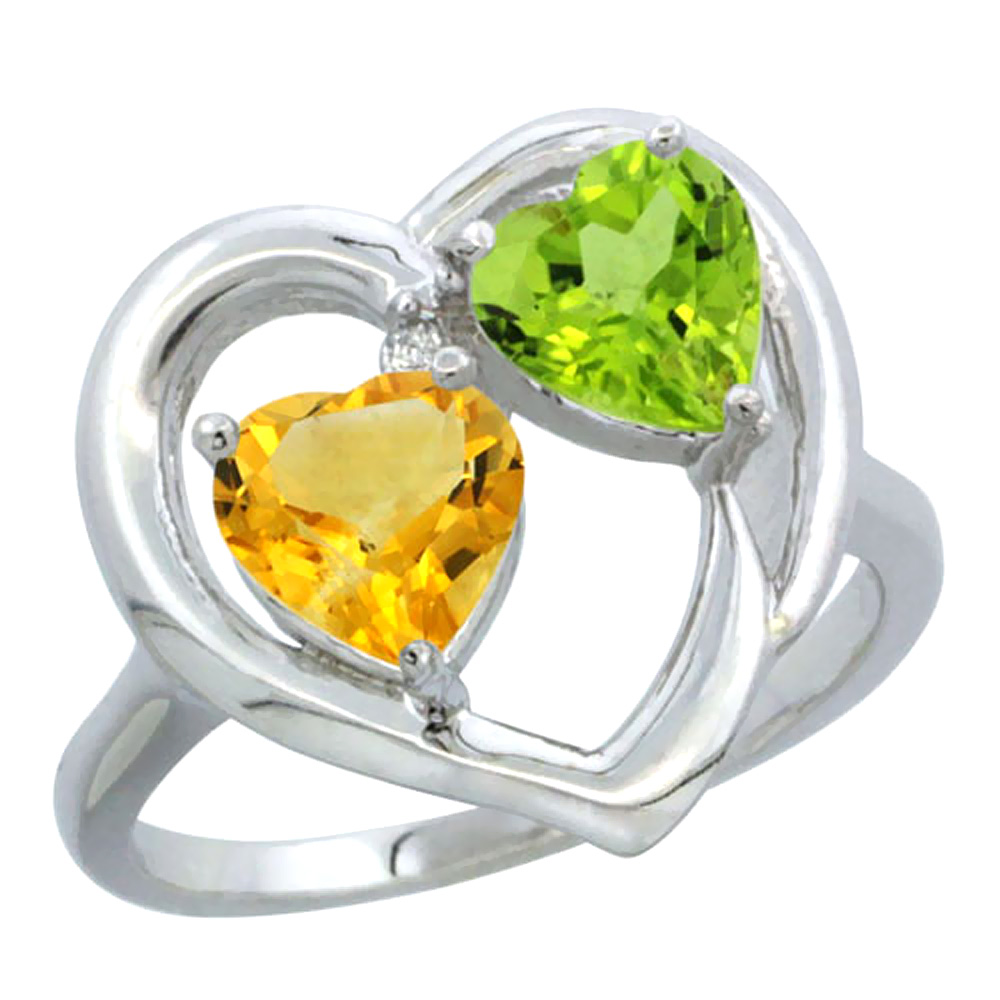 10K White Gold Diamond Two-stone Heart Ring 6mm Natural Citrine &amp; Peridot, sizes 5-10