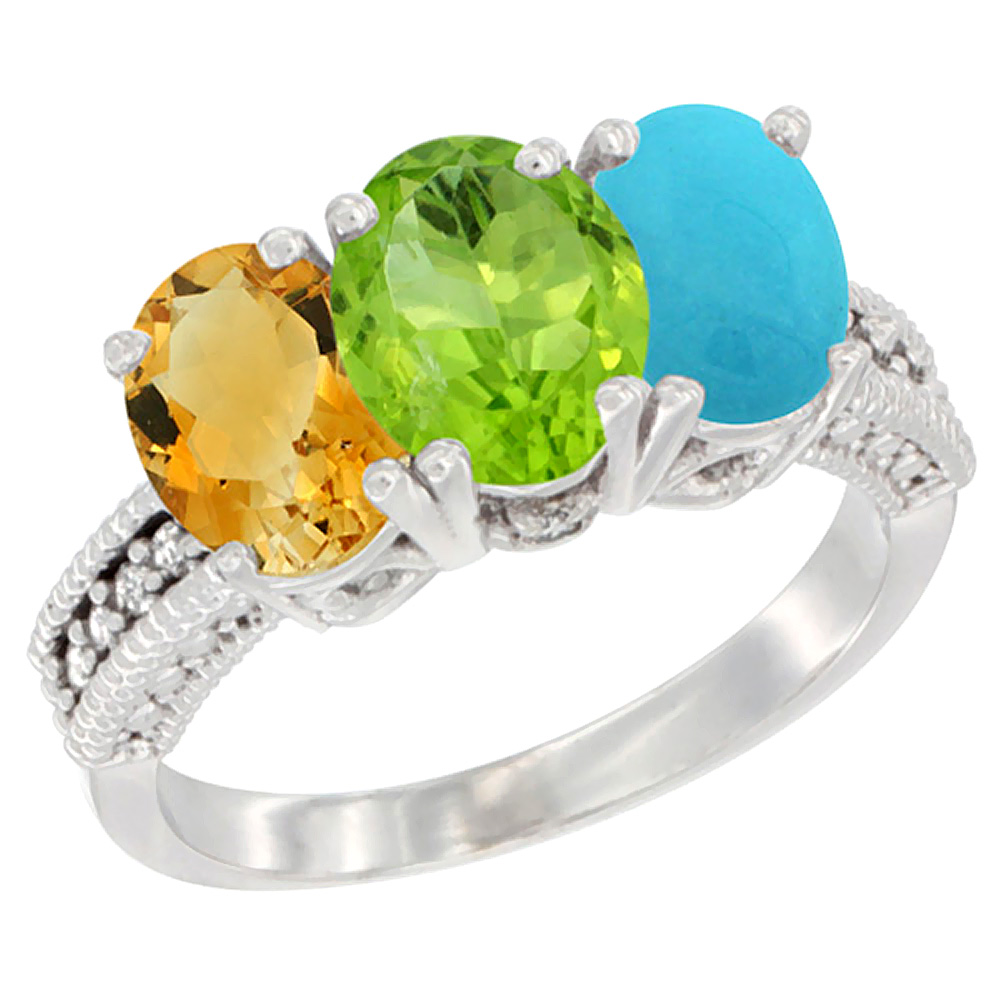 14K White Gold Natural Citrine, Peridot &amp; Turquoise Ring 3-Stone 7x5 mm Oval Diamond Accent, sizes 5 - 10