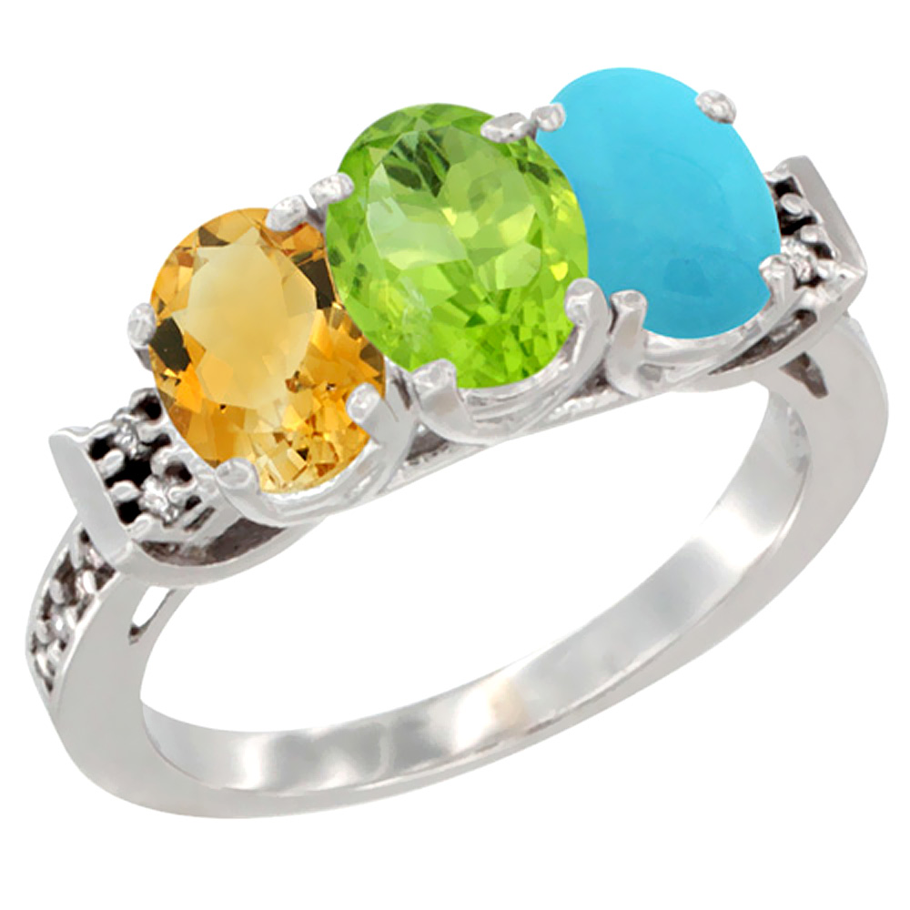 10K White Gold Natural Citrine, Peridot & Turquoise Ring 3-Stone Oval 7x5 mm Diamond Accent, sizes 5 - 10