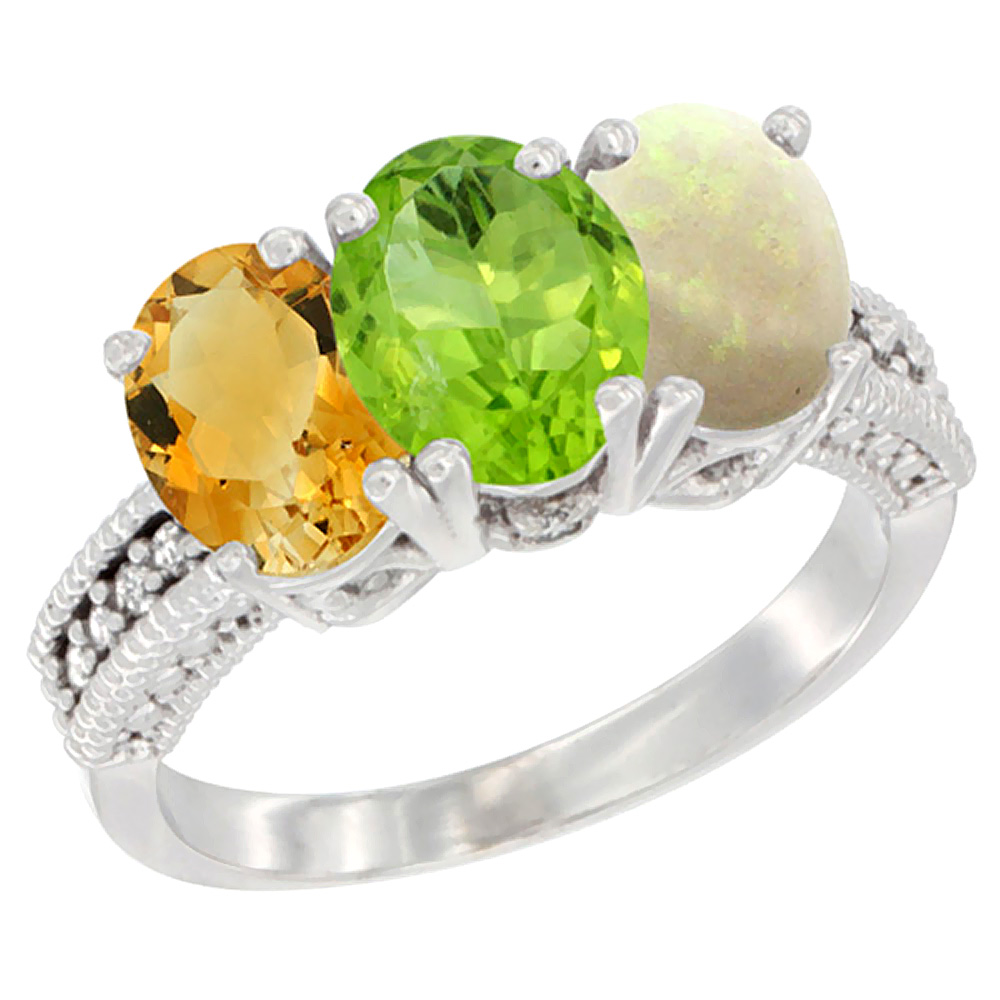 14K White Gold Natural Citrine, Peridot & Opal Ring 3-Stone 7x5 mm Oval Diamond Accent, sizes 5 - 10