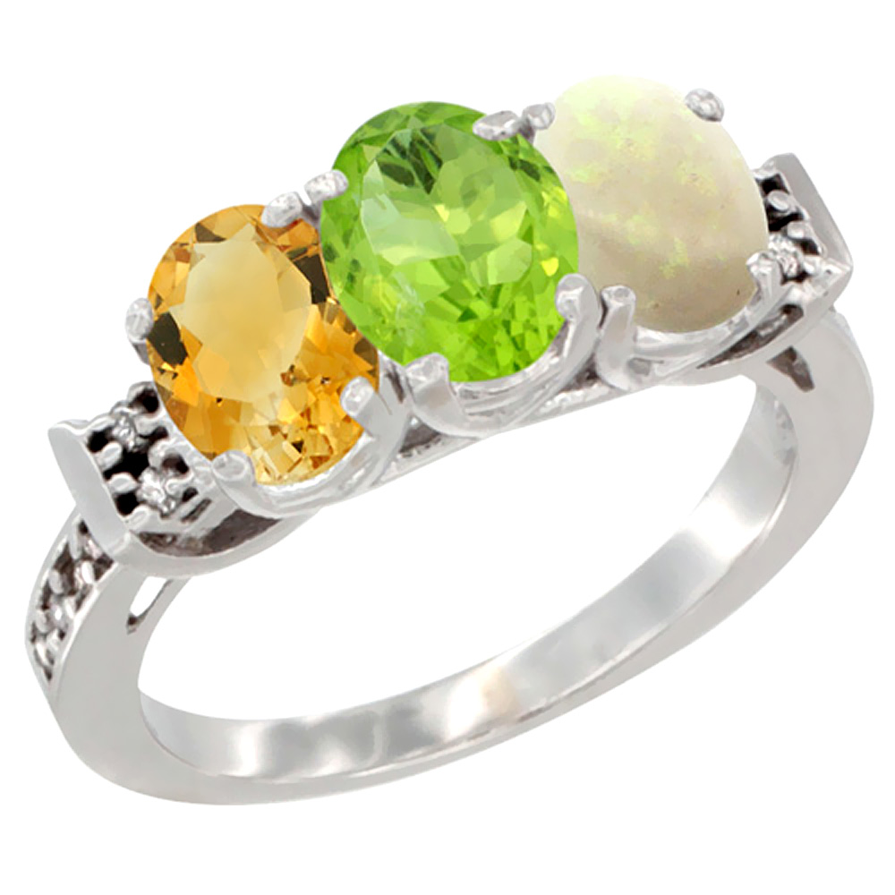 10K White Gold Natural Citrine, Peridot & Opal Ring 3-Stone Oval 7x5 mm Diamond Accent, sizes 5 - 10