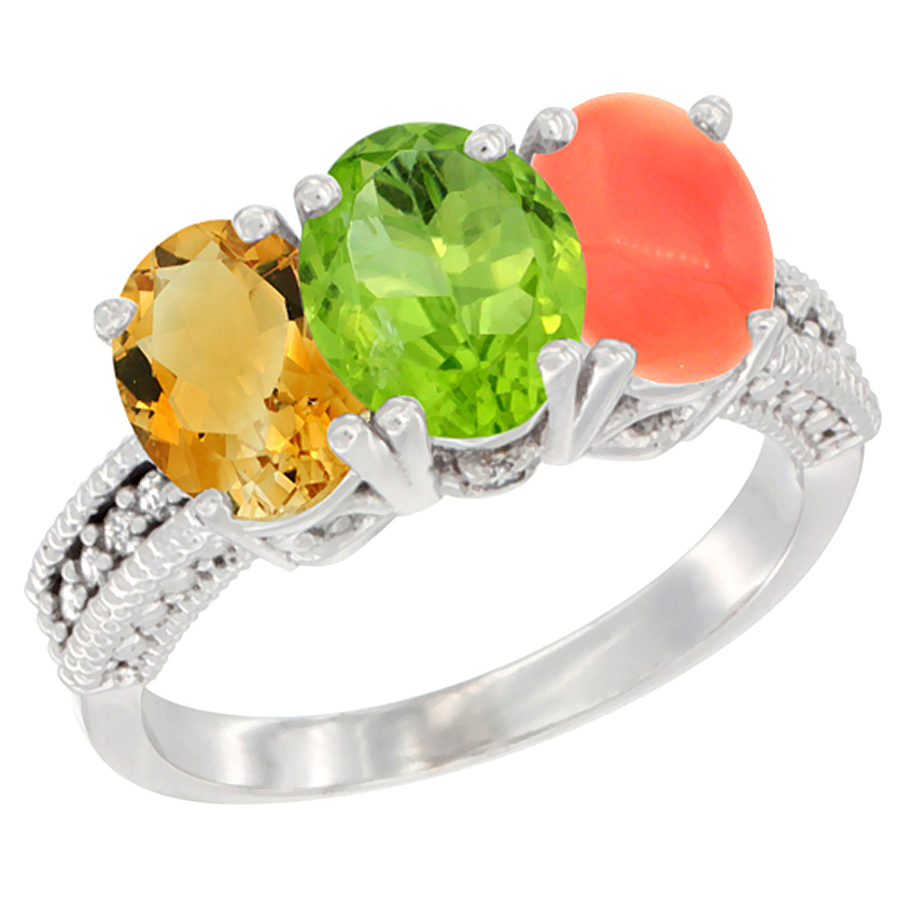 10K White Gold Natural Citrine, Peridot & Coral Ring 3-Stone Oval 7x5 mm Diamond Accent, sizes 5 - 10