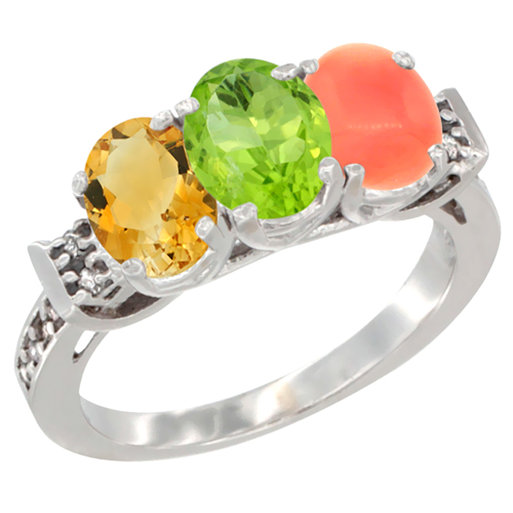 14K White Gold Natural Citrine, Peridot &amp; Coral Ring 3-Stone 7x5 mm Oval Diamond Accent, sizes 5 - 10