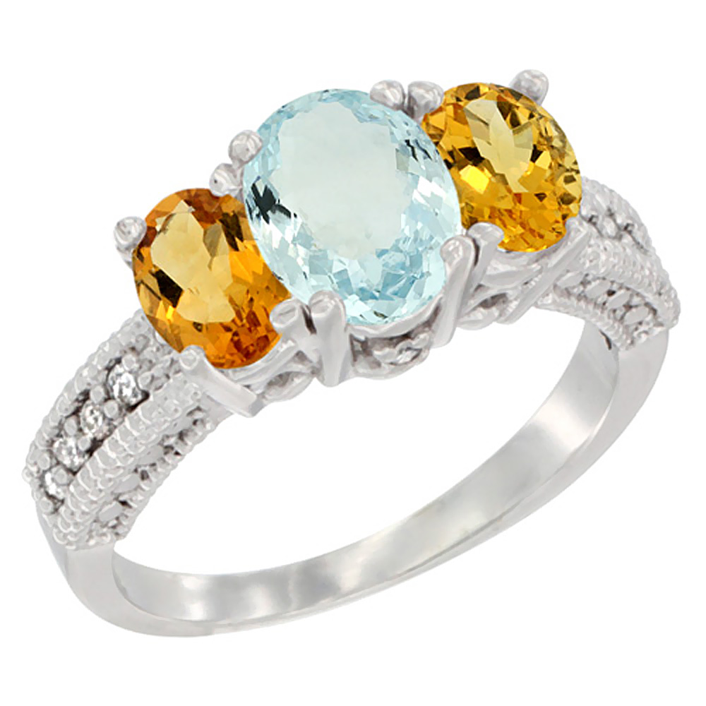 14K White Gold Diamond Natural Aquamarine Ring Oval 3-stone with Citrine, sizes 5 - 10