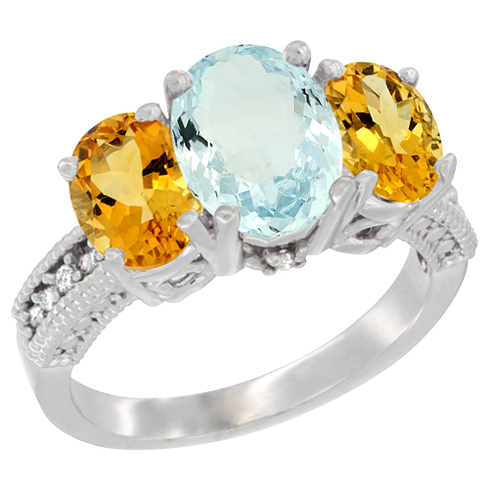 14K White Gold Diamond Natural Aquamarine Ring 3-Stone Oval 8x6mm with Citrine, sizes5-10