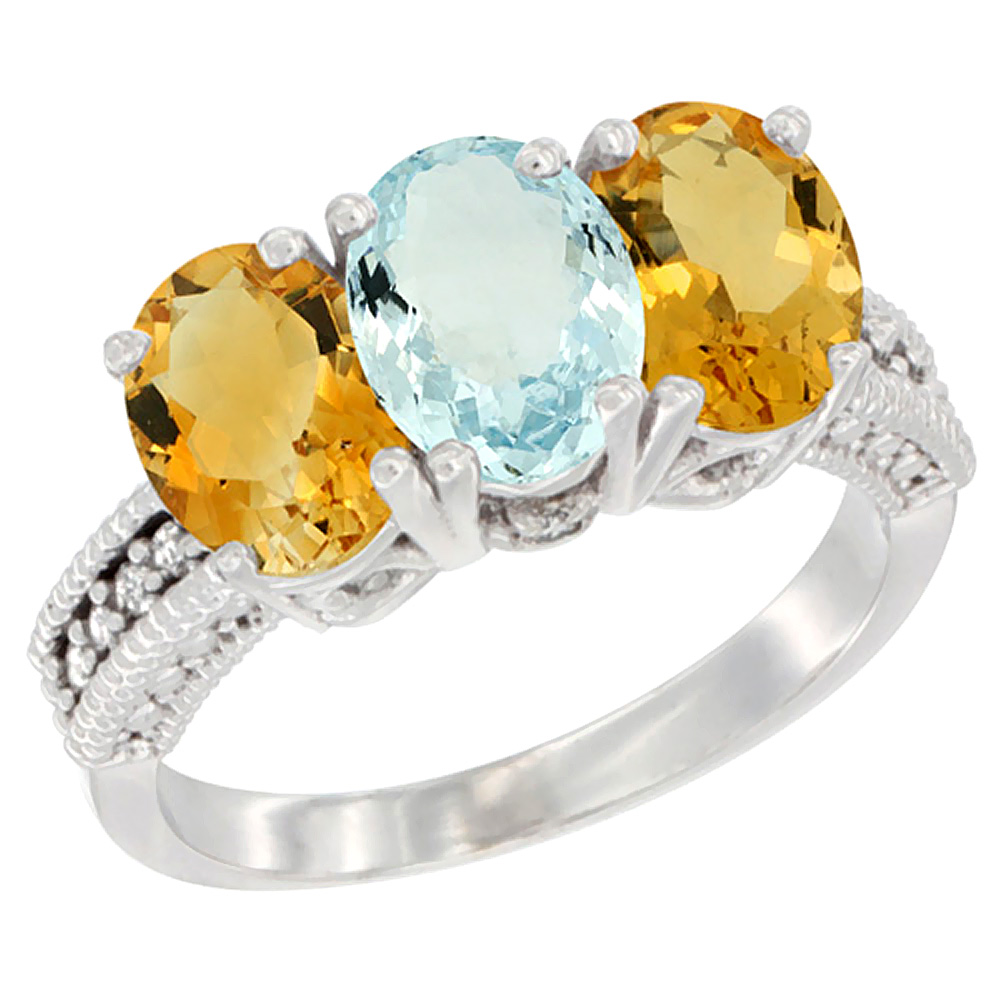 14K White Gold Natural Aquamarine &amp; Citrine Sides Ring 3-Stone 7x5 mm Oval Diamond Accent, sizes 5 - 10