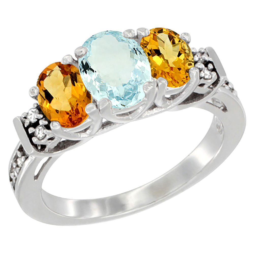 14K White Gold Natural Aquamarine &amp; Citrine Ring 3-Stone Oval Diamond Accent, sizes 5-10