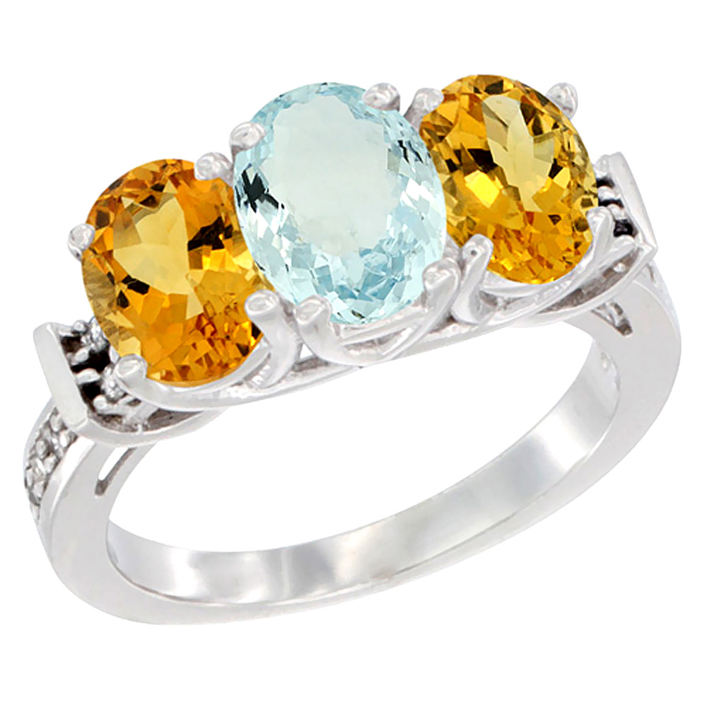 14K White Gold Natural Aquamarine &amp; Citrine Sides Ring 3-Stone Oval Diamond Accent, sizes 5 - 10