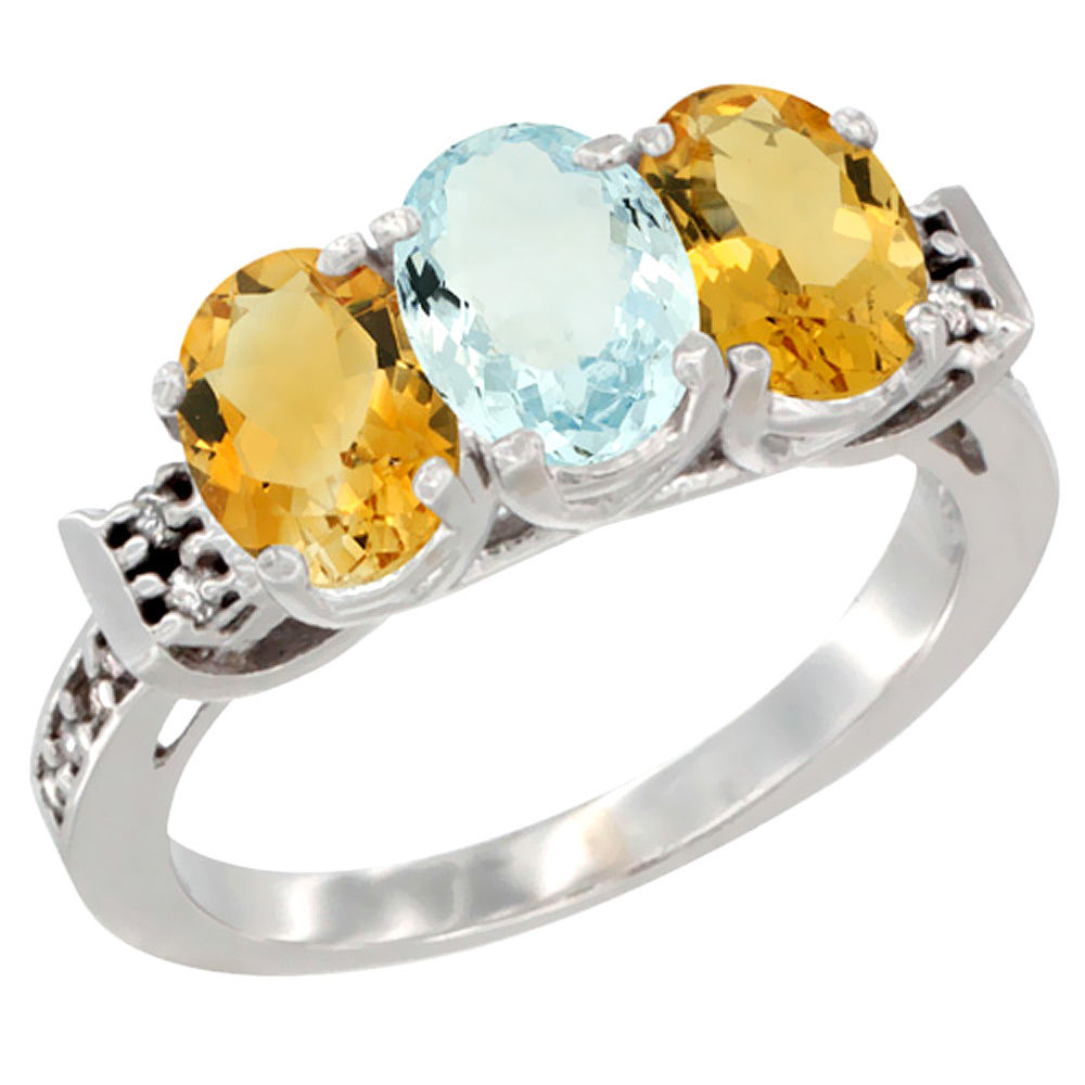 14K White Gold Natural Aquamarine & Citrine Sides Ring 3-Stone 7x5 mm Oval Diamond Accent, sizes 5 - 10
