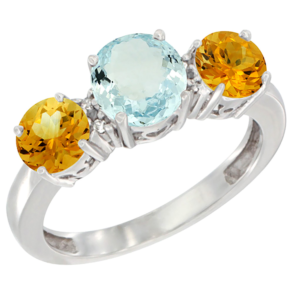 10K White Gold Round 3-Stone Natural Aquamarine Ring &amp; Citrine Sides Diamond Accent, sizes 5 - 10