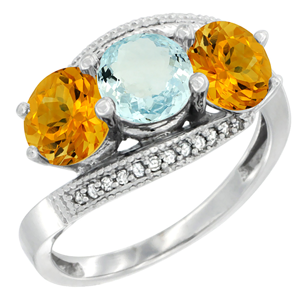 10K White Gold Natural Aquamarine &amp; Citrine Sides 3 stone Ring Round 6mm Diamond Accent, sizes 5 - 10