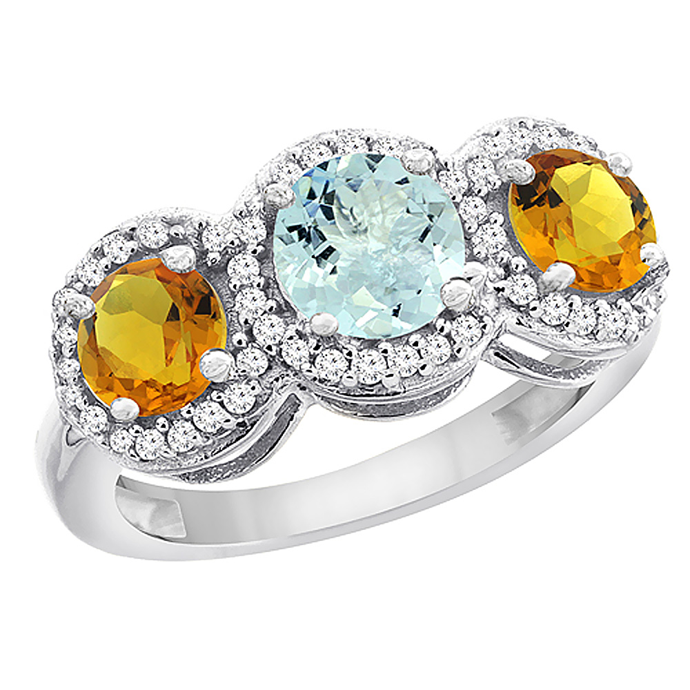 14K White Gold Natural Aquamarine &amp; Citrine Sides Round 3-stone Ring Diamond Accents, sizes 5 - 10